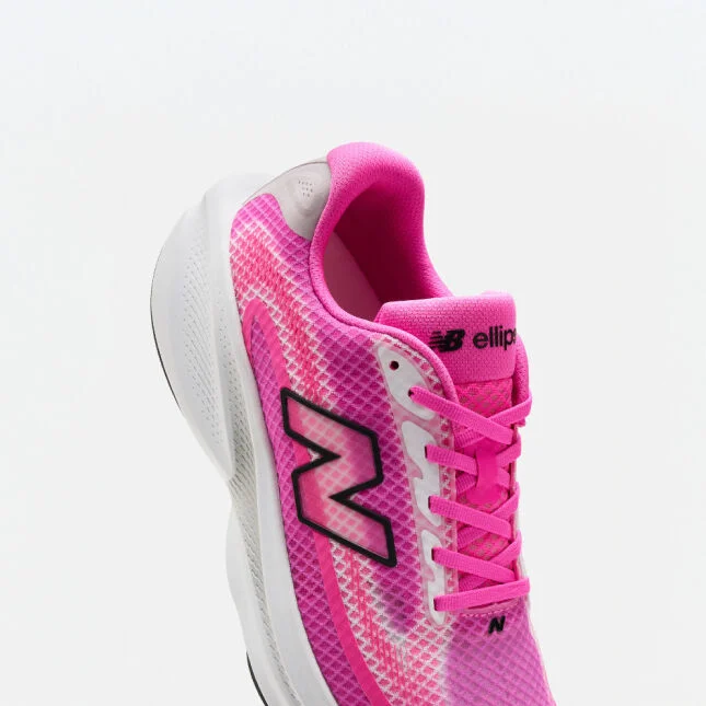 Single pink running shoe on a white background
